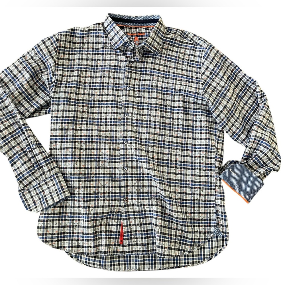 Visconti Black Shirt Mens XL Blue  Geometric Plaid Flip Cuff Luchiano Seashells